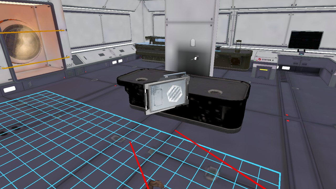 Raw Unity Editor frame showing the VR lab and dark workbench