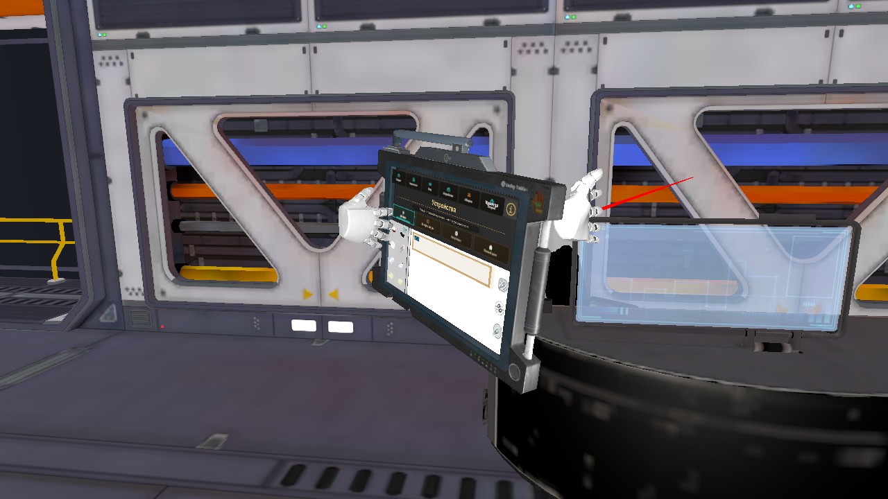 Raw Unity Editor frame showing the MechaLearn tablet and VR hands